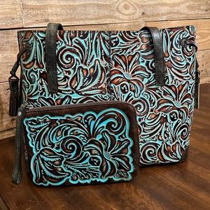 Patricia Nash Tooled Turquoise Tote & Wristlet